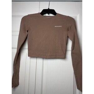 Goldhinge Womens Long Sleeve Crop Top Mocha Brown Crew Neck Size Small